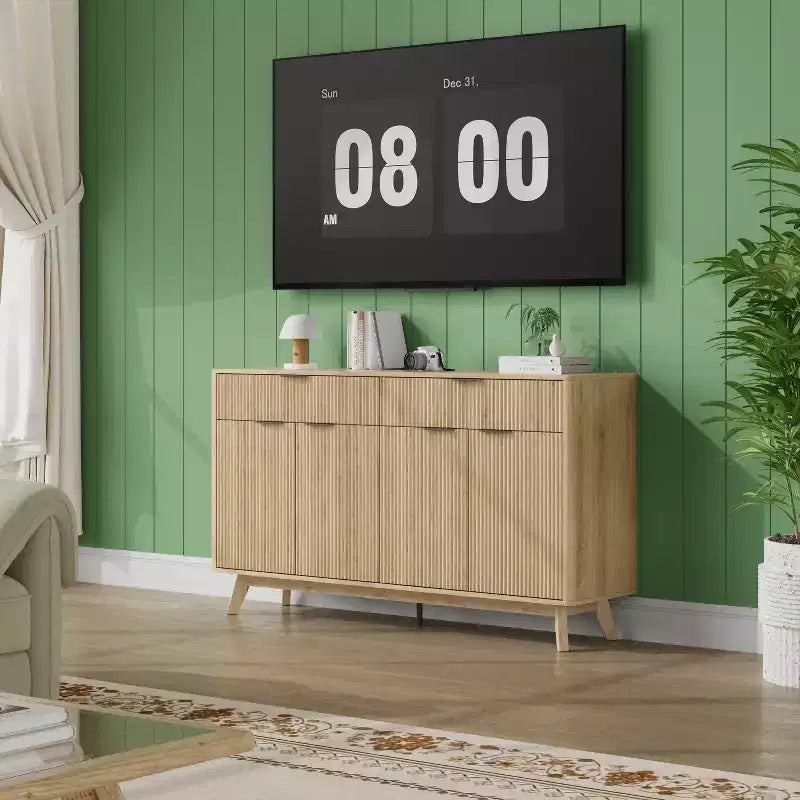 Mobile buffet credenza da 60 pollici, mobile bar scanalato per ingresso con 2 cassetti, tavolo consolle in legno per media, credenza d'accento per soggiorno e cucina