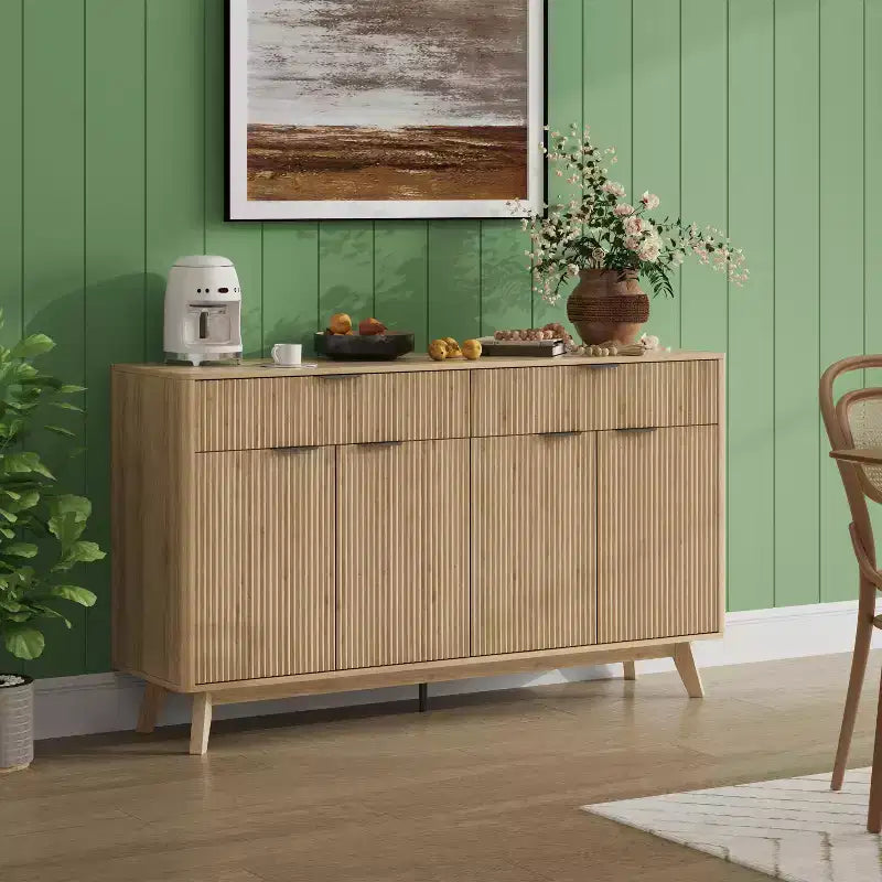Mobile buffet credenza da 60 pollici, mobile bar scanalato per ingresso con 2 cassetti, tavolo consolle in legno per media, credenza d'accento per soggiorno e cucina