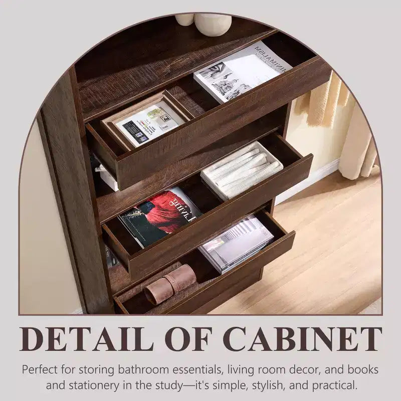 Armadietto da bagno alto 193 cm con arco, mobiletto portaoggetti in legno a 4 ripiani con cassetto inferiore con chiusura magnetica e 3 cassetti nascosti per bagno, lavanderia