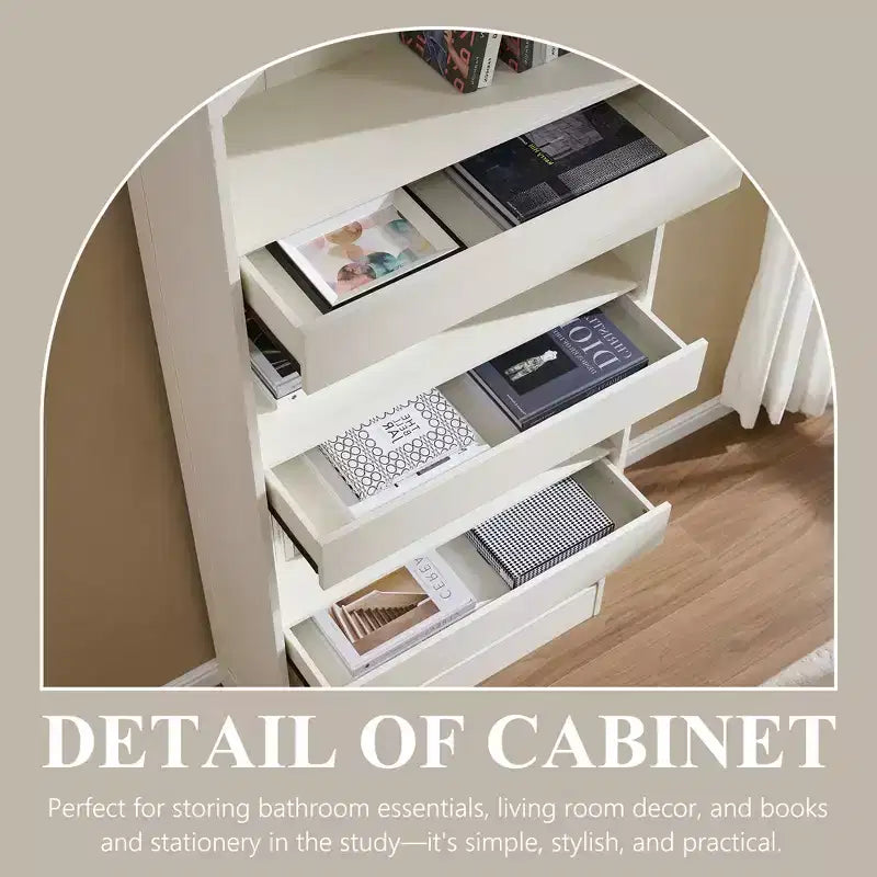 Armadietto da bagno alto 193 cm con arco, mobiletto portaoggetti in legno a 4 ripiani con cassetto inferiore con chiusura magnetica e 3 cassetti nascosti per bagno, lavanderia