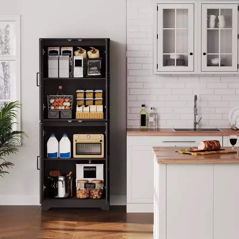 Mobile Dispensa da Cucina Stile Rustico, Credenza Autoportante, Ripiani Regolabili, 4 Ante, per Soggiorno