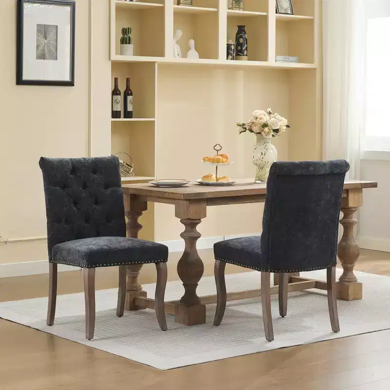 Sedie da pranzo rivestite in ciniglia con finiture borchiate, set da 2