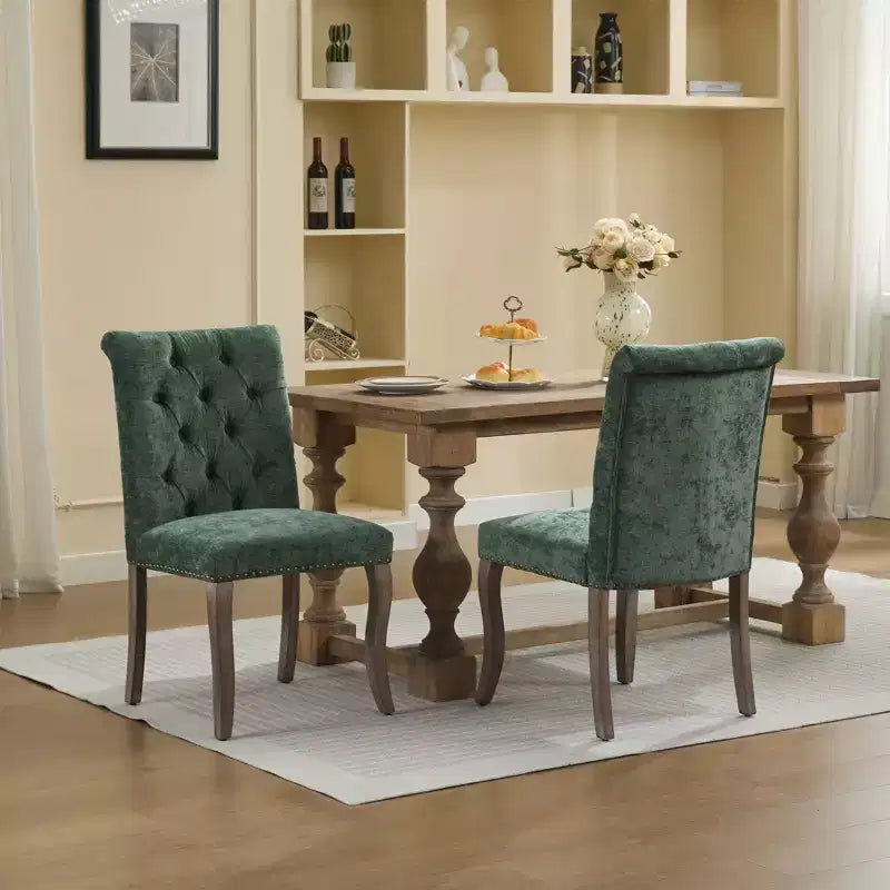 Sedie da pranzo rivestite in ciniglia con finiture borchiate, set da 2