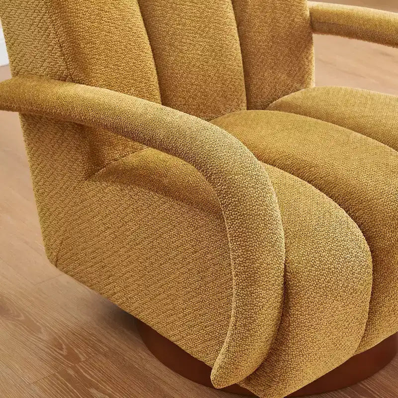 Poltrona girevole d'accento, poltrona moderna in tessuto imbottita con base in legno massello
