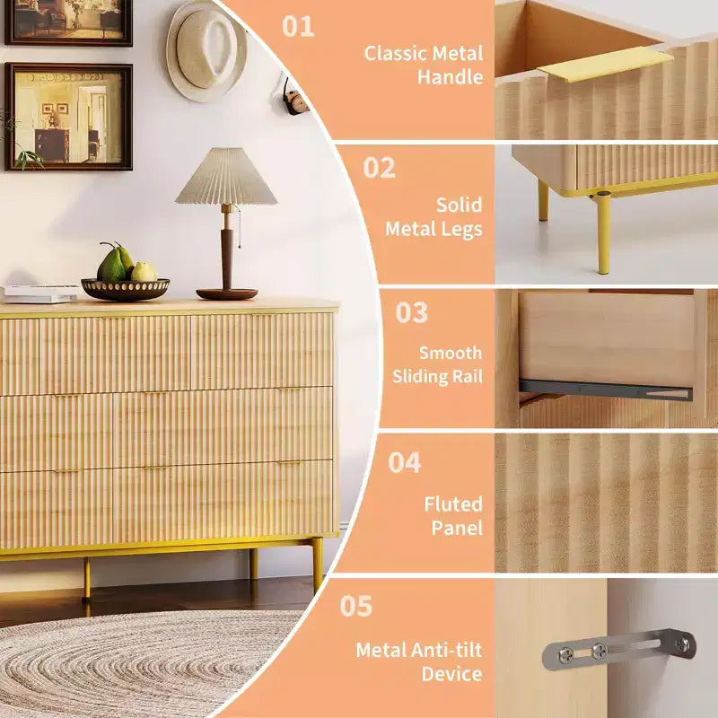Comò a 7 cassetti scanalato, Cassettiera in legno da 54 pollici con maniglie dorate, Mobile TV dal design curvo per camera da letto e soggiorno