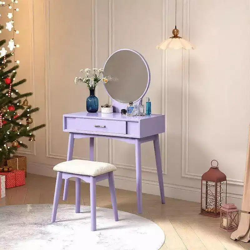 Modern Makeup Vanity Desk with Round Mirror, Organized Storage, Matching Stool for Bedroom, Purple Finish, Space-Saving Design