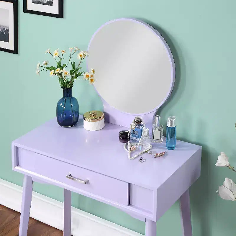 Moderna toeletta trucco con specchio rotondo, contenitori organizzati, sgabello abbinato per camera da letto, finitura viola, design salvaspazio