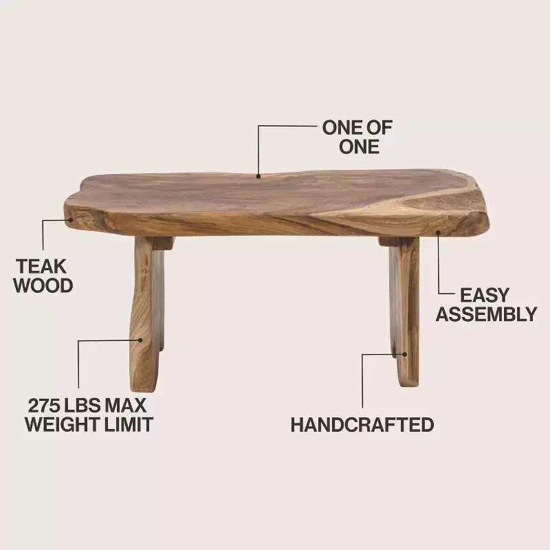 Panca da ingresso da 89,9 cm in legno massello di teak rustico minimalista fatta a mano con bordo vivo