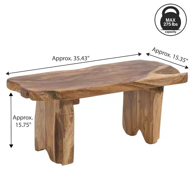 Panca da ingresso da 89,9 cm in legno massello di teak rustico minimalista fatta a mano con bordo vivo