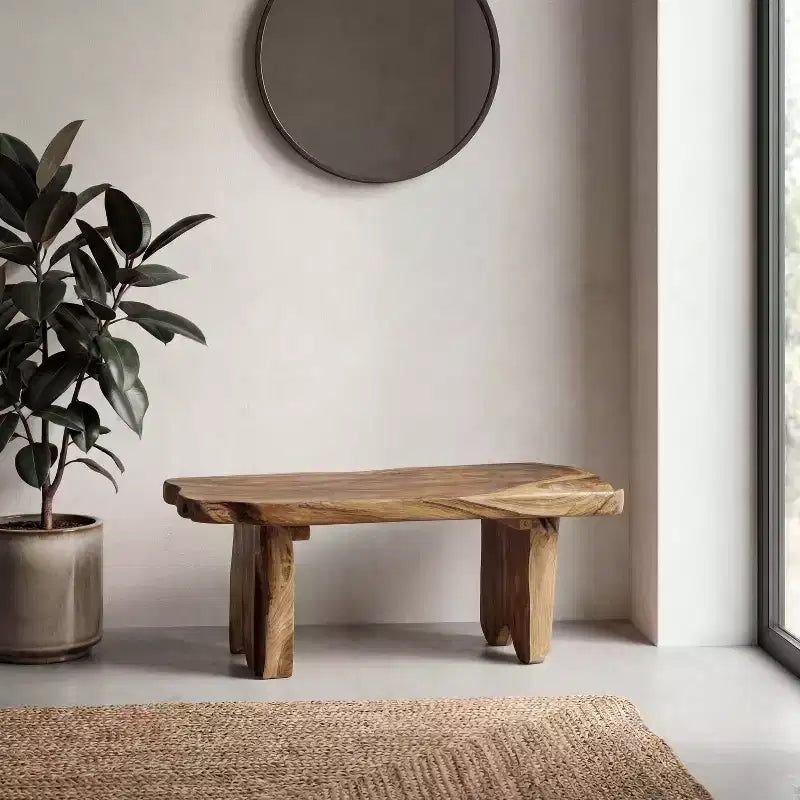 Panca da ingresso da 89,9 cm in legno massello di teak rustico minimalista fatta a mano con bordo vivo