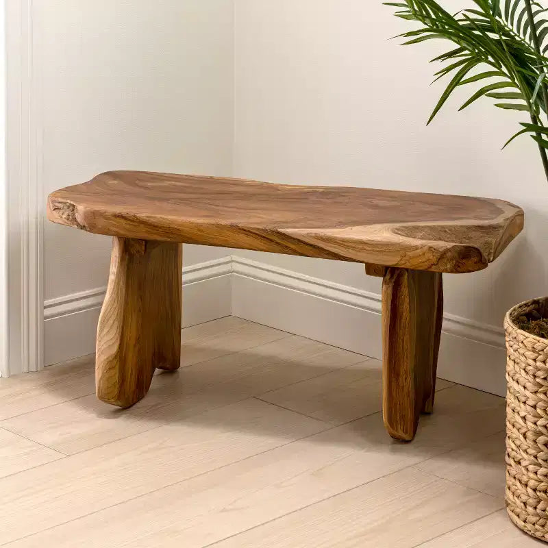 Panca da ingresso da 89,9 cm in legno massello di teak rustico minimalista fatta a mano con bordo vivo