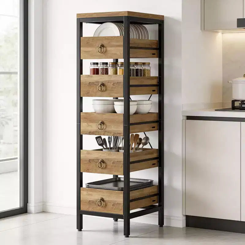 Scaffale portaoggetti da cucina a 5 ripiani stretto con cestelli estraibili, organizer multiuso salvaspazio per frutta, verdura, snack, soggiorno, bagno