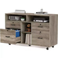 VINGLI Wide 4 Drawer File Cabinet with Lock, Rustic Grey Rolling File Cabinet with Open Shelves, Lockable Printer Stand