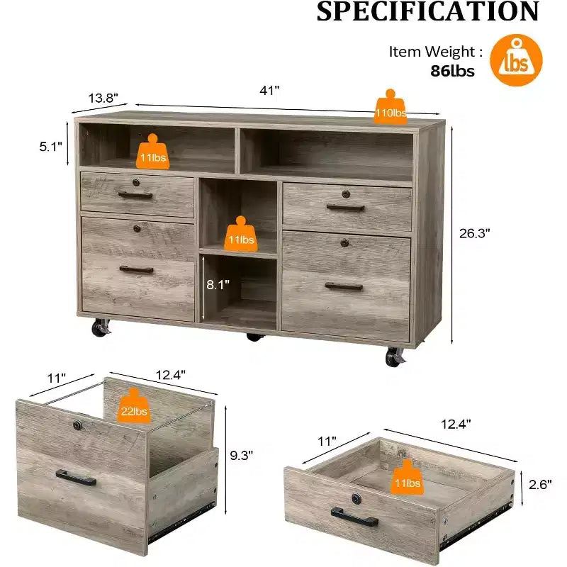Ampio classificatore a 4 cassetti con serratura, mobiletto rustico grigio con rotelle, ripiani aperti e supporto per stampante