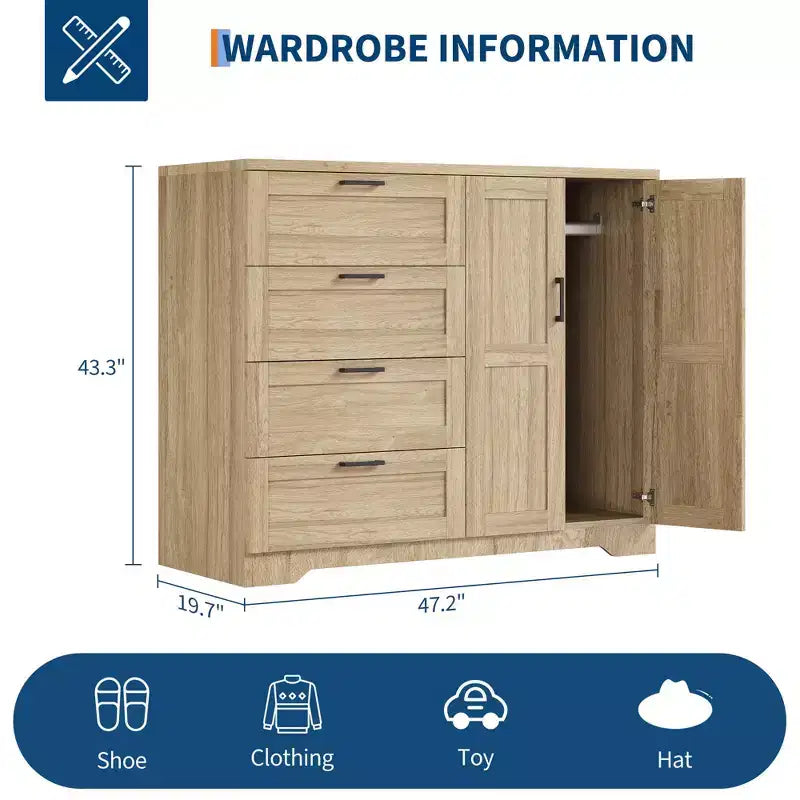 Cassettiera in legno da 43,3 H, armadio basso multifunzionale con 4 cassetti e asta appendiabiti, armadietto contenitore per camera da letto e soggiorno
