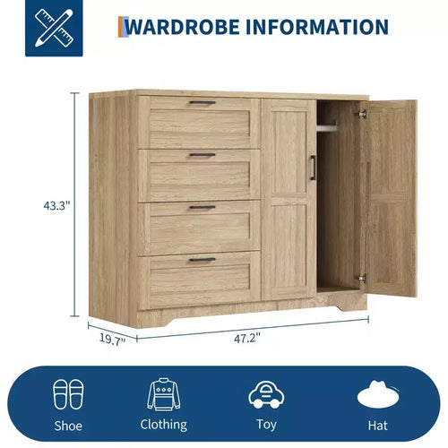 Cassettiera in legno da 43,3 H, armadio basso multifunzionale con 4 cassetti e asta appendiabiti, armadietto contenitore per camera da letto e soggiorno