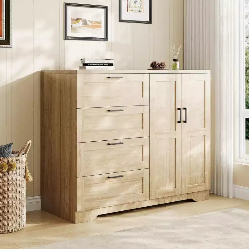 Cassettiera in legno da 43,3 H, armadio basso multifunzionale con 4 cassetti e asta appendiabiti, armadietto contenitore per camera da letto e soggiorno