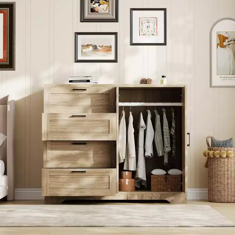 Cassettiera in legno da 43,3 H, armadio basso multifunzionale con 4 cassetti e asta appendiabiti, armadietto contenitore per camera da letto e soggiorno