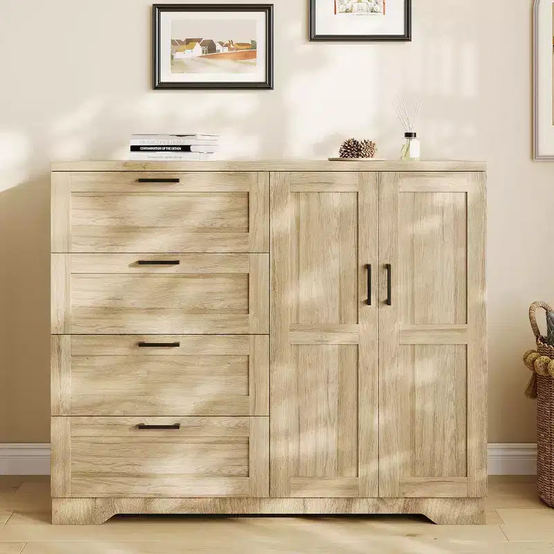 Cassettiera in legno da 43,3 H, armadio basso multifunzionale con 4 cassetti e asta appendiabiti, armadietto contenitore per camera da letto e soggiorno