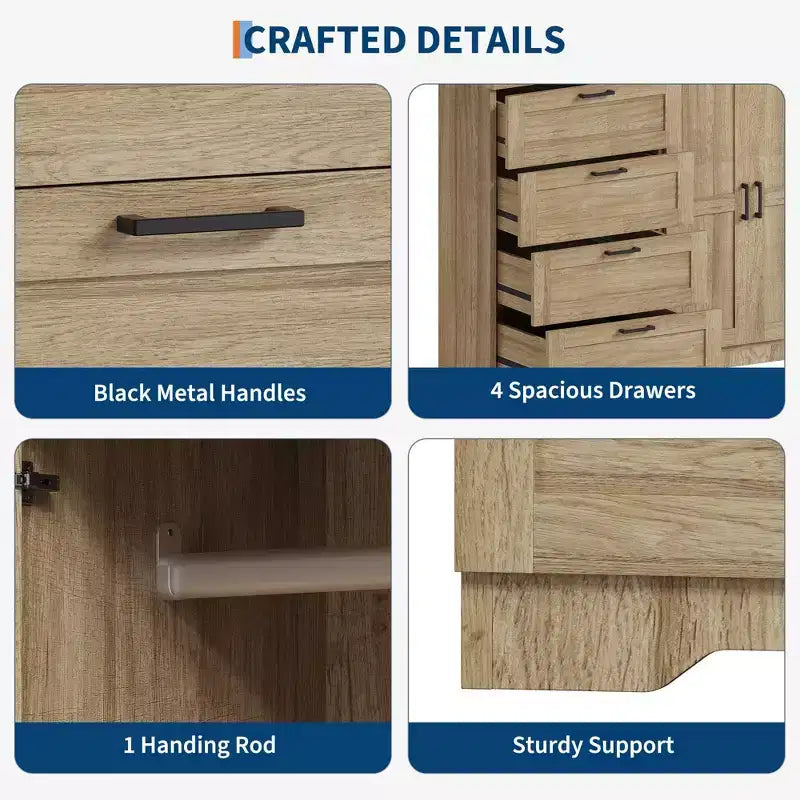 Cassettiera in legno da 43,3 H, armadio basso multifunzionale con 4 cassetti e asta appendiabiti, armadietto contenitore per camera da letto e soggiorno