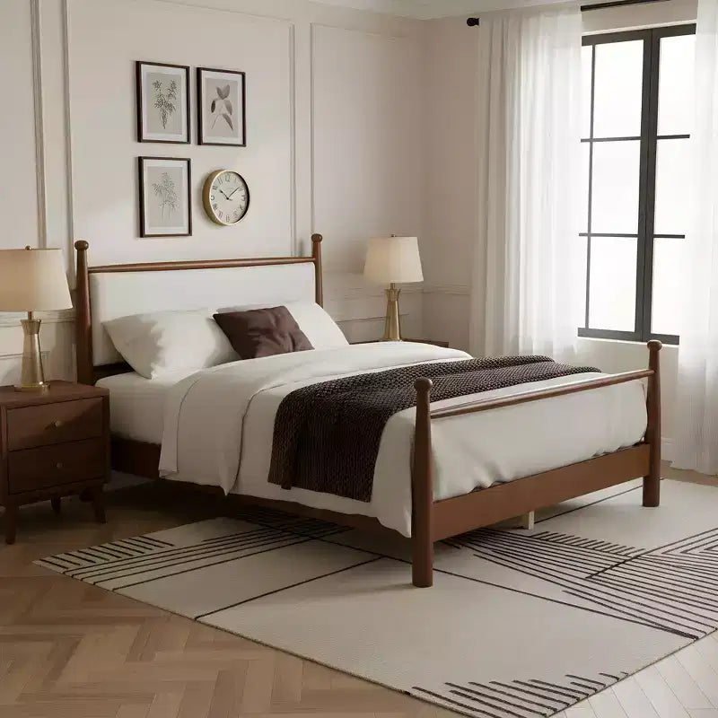 Struttura letto a piattaforma Queen/King con testiera imbottita e struttura in pioppo massiccio, Beige e Noce
