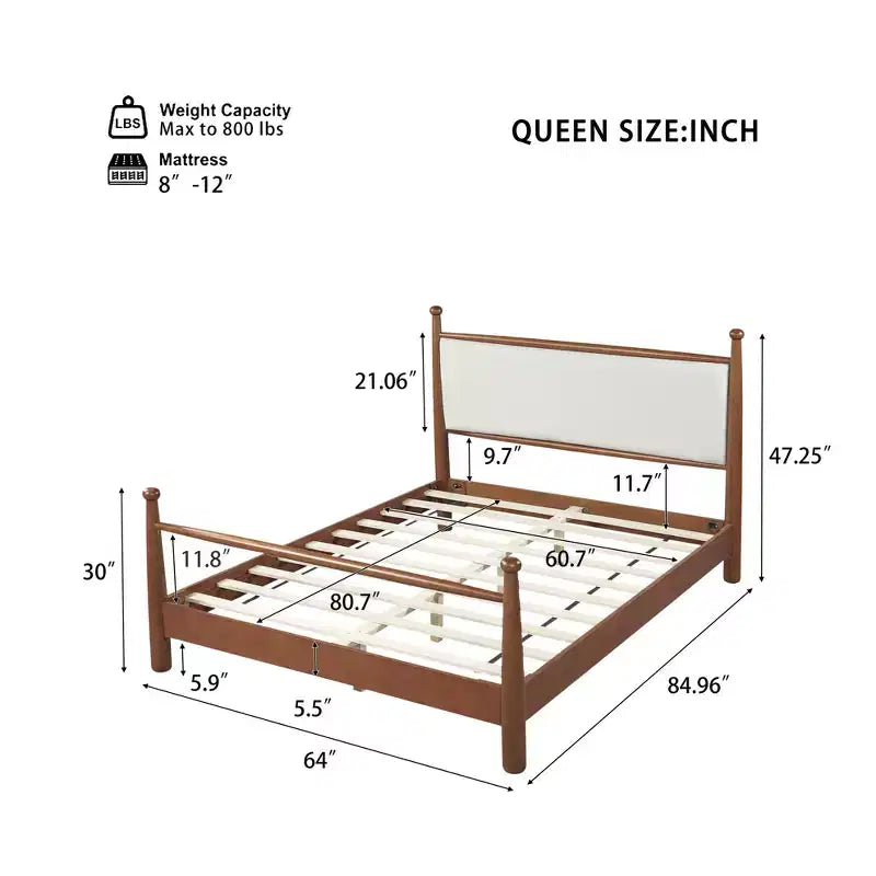 Struttura letto a piattaforma Queen/King con testiera imbottita e struttura in pioppo massiccio, Beige e Noce