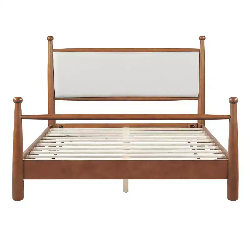 Struttura letto a piattaforma Queen/King con testiera imbottita e struttura in pioppo massiccio, Beige e Noce