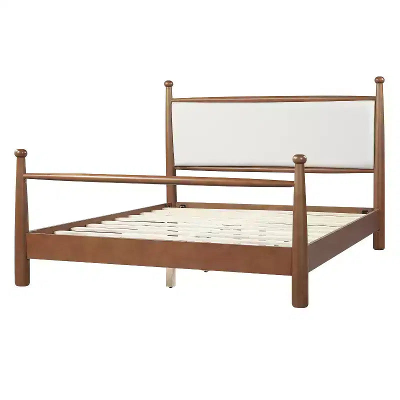 Struttura letto a piattaforma Queen/King con testiera imbottita e struttura in pioppo massiccio, Beige e Noce