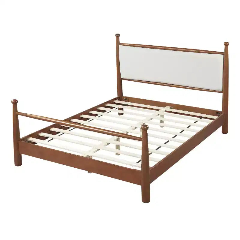 Struttura letto a piattaforma Queen/King con testiera imbottita e struttura in pioppo massiccio, Beige e Noce