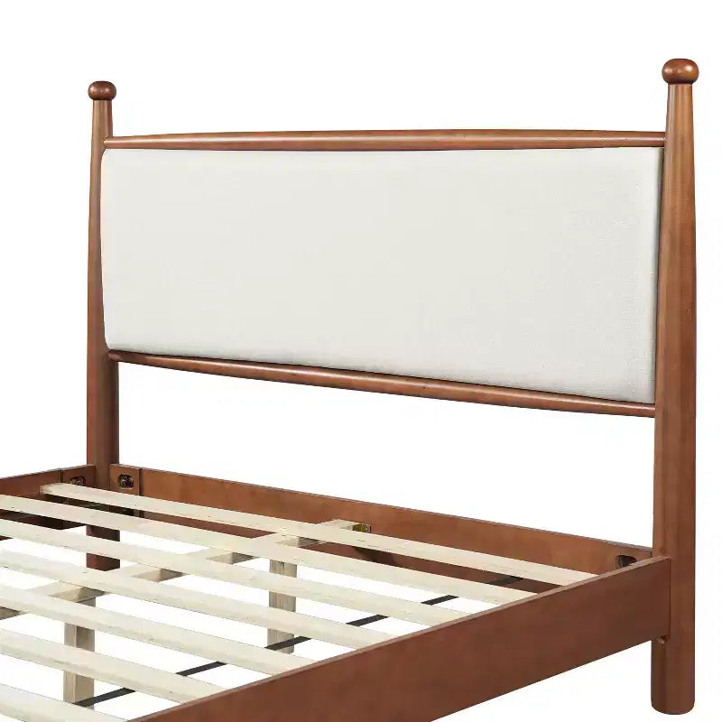 Struttura letto a piattaforma Queen/King con testiera imbottita e struttura in pioppo massiccio, Beige e Noce