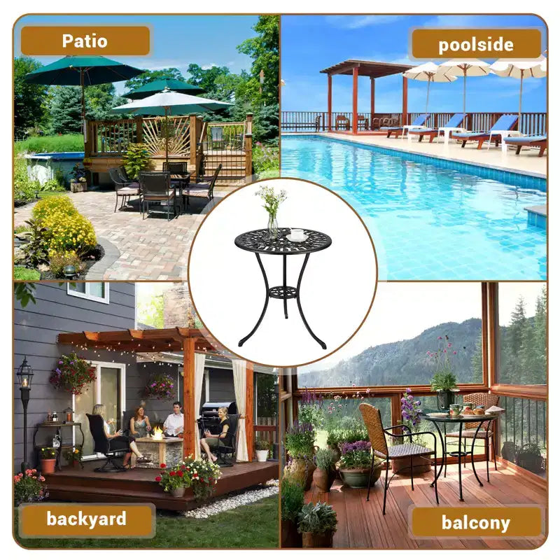 Tavolino Tondo da Bistrò per Patio, Sgabello da Giardino Esterno in Alluminio Fuso Resistente alle Intemperie, Design Floreale Anticato, per Cortile, Giardino