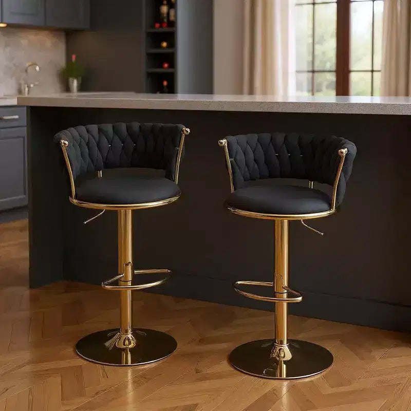 Set di 2 sgabelli da bar girevoli in velluto nero e oro, altezza regolabile, schienale basso